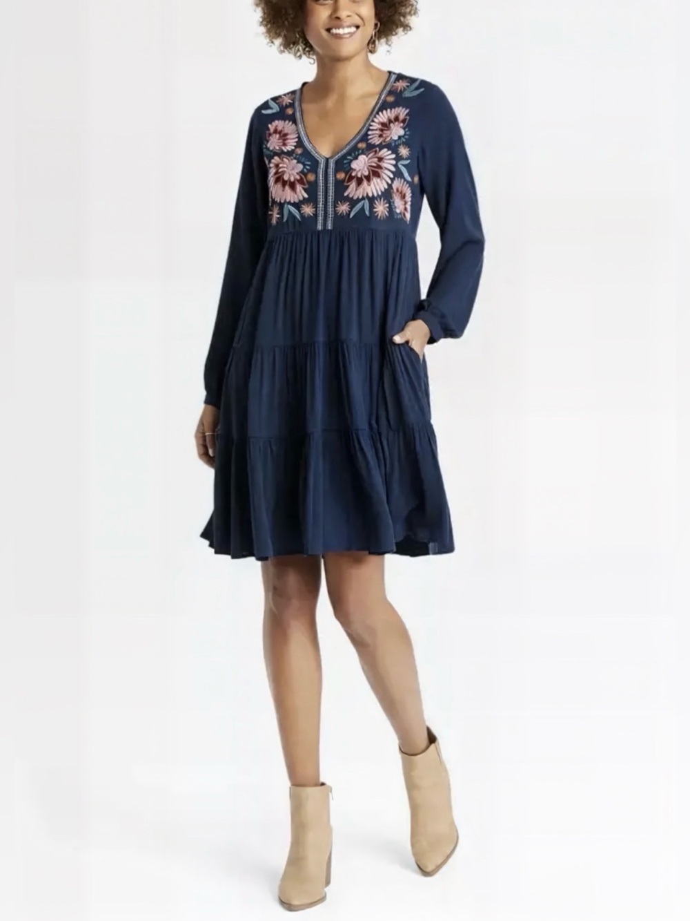 Knox Rose Embroidered Peasant Dress V-neck Navy XL